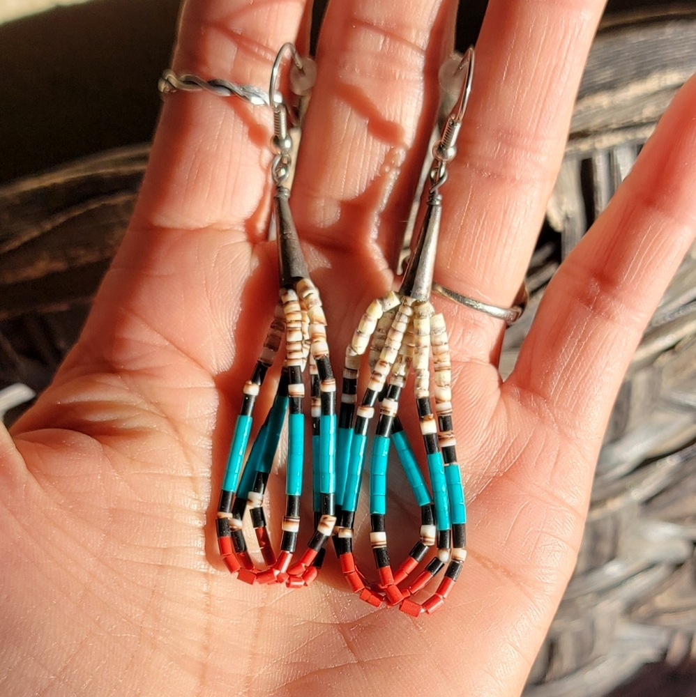 Native American Santo Domingo triple loop heishi earrings jet, shell, turquoise,